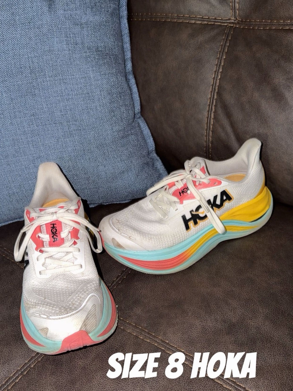 Hoka White Sneakers with Yellow, Coral & Aqua Accents